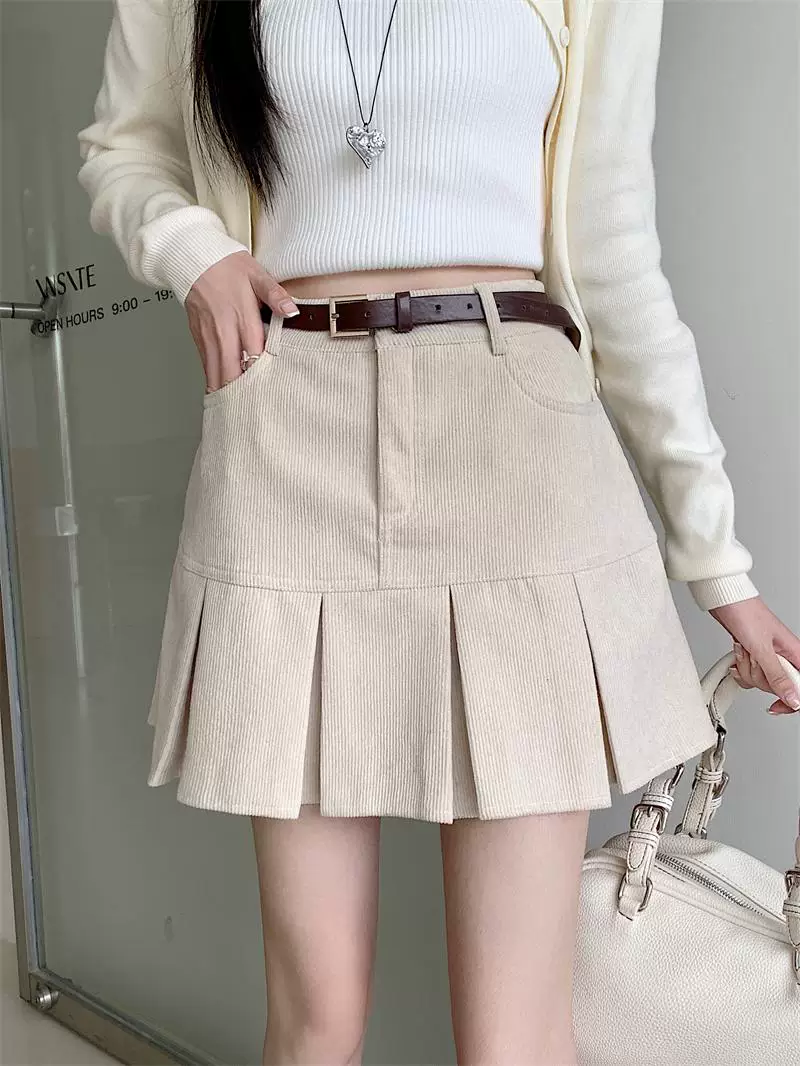 Váy nhung kẻ sọc nâu cỡ lớn dành cho nữ, váy ngắn kẻ sọc cổ điển lưng cao mùa thu đông, váy xếp ly dáng chữ A thời thượng.