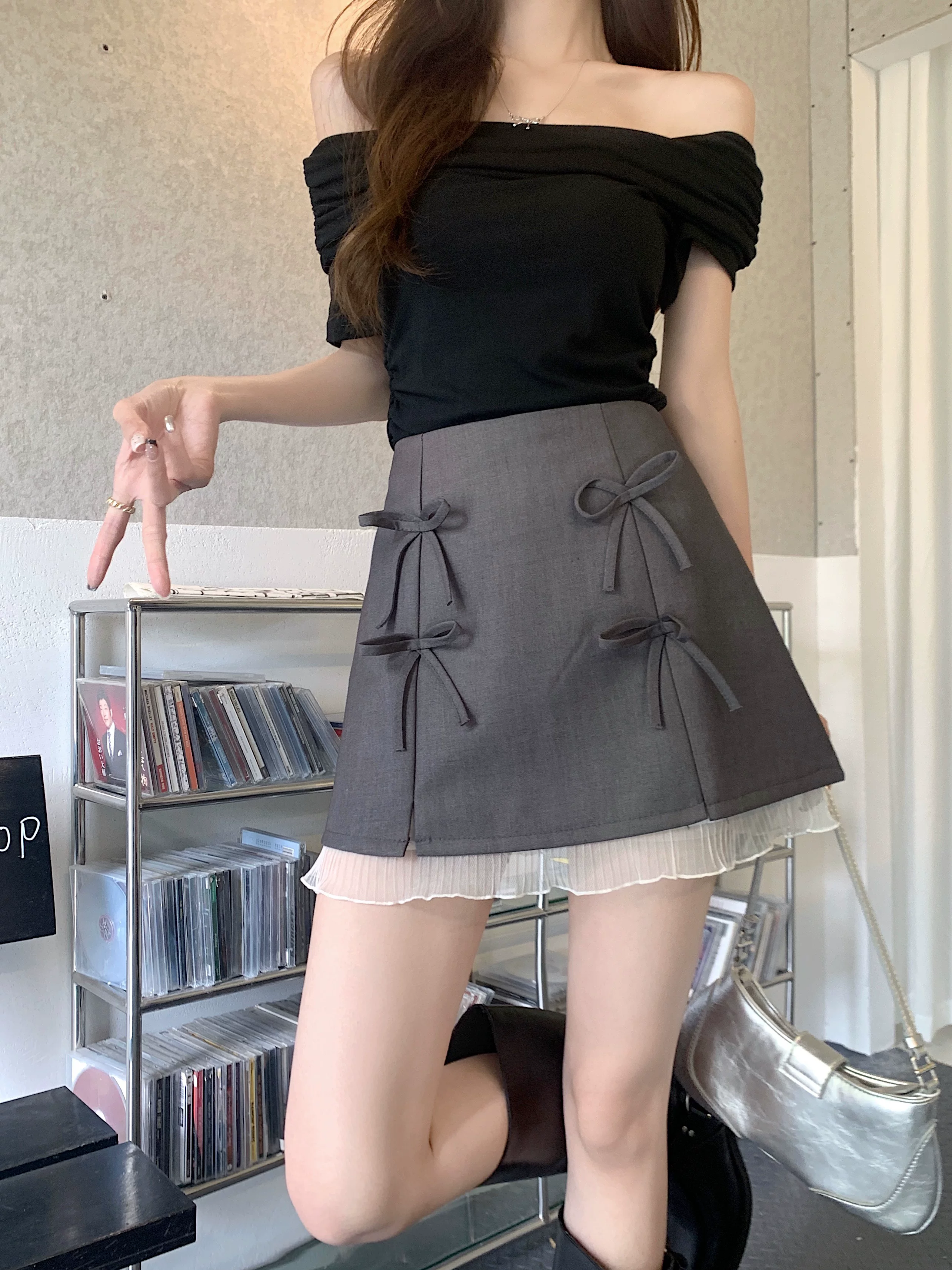 Váy xòe màu xám thắt nơ cỡ lớn, váy chữ A phối ren lưng cao mùa xuân hè dành cho nữ, váy ngắn thiết kế thon gọn