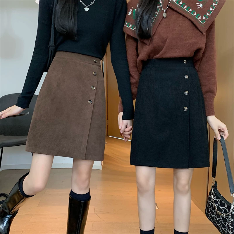 Váy nhung kẻ sọc cỡ lớn cho mùa thu đông, váy dài ngang đùi lưng cao, dáng bất đối xứng dành cho nữ, váy chữ A tôn dáng và che bụng, váy ngắn.