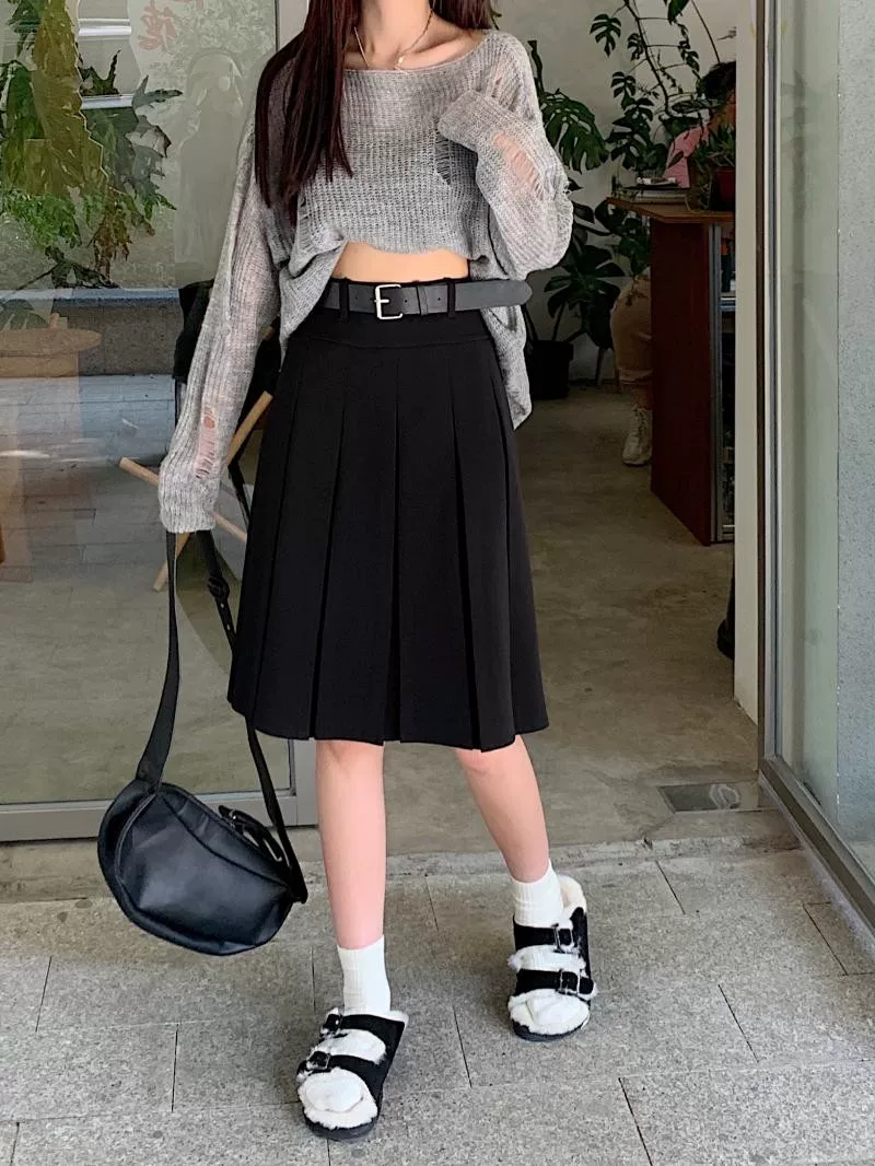 Váy xếp ly váy midi nữ cỡ lớn váy phong cách preppy mùa xuân hè 2023 váy chữ A che hông váy cao cấp màu xám