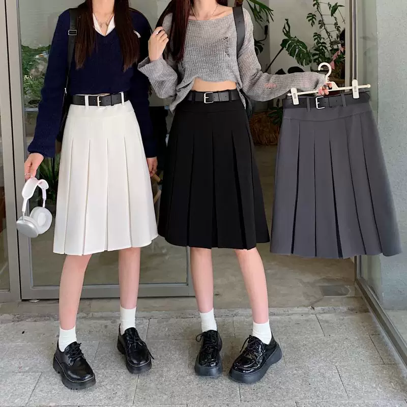 Váy xếp ly màu xám cổ điển kiểu Mỹ, váy phong cách preppy dành cho nữ, thiết kế cỡ lớn mùa xuân hè, váy chữ A dài vừa phải