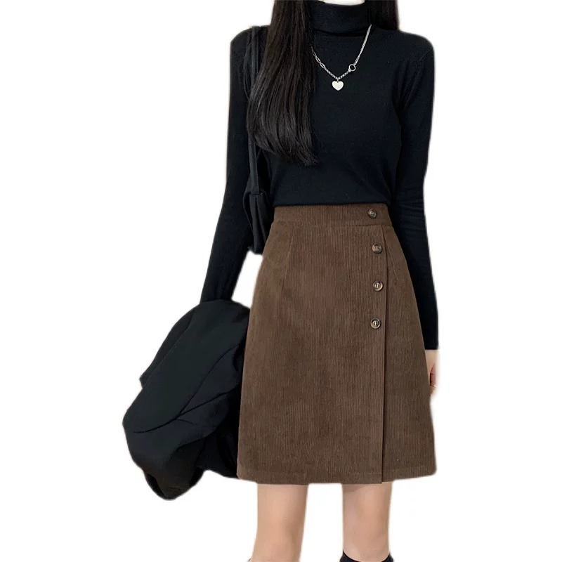 Váy nhung kẻ sọc cỡ lớn cho mùa thu đông, váy dài ngang đùi lưng cao, dáng bất đối xứng dành cho nữ, váy chữ A tôn dáng và che bụng, váy ngắn.