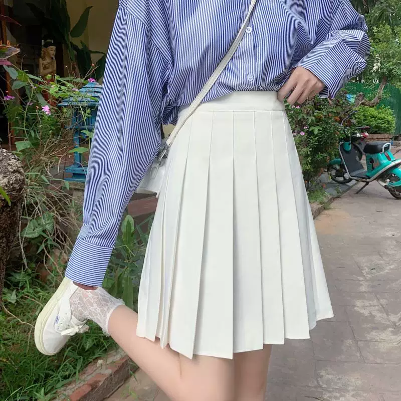 Váy xếp ly màu trắng, váy chữ A chống lộ cho nữ, dài vừa phải mùa hè, cỡ lớn, lưng cao, thon gọn, váy nửa thân phồng.