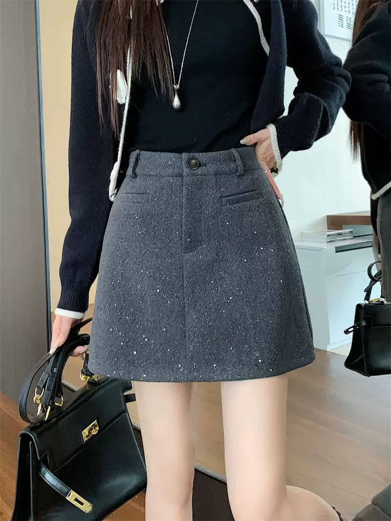 Váy len bóng mượt, váy ôm hông cao eo, size lớn dành cho nữ mùa thu đông, váy ngắn chữ A đính sequin kiểu Chanel