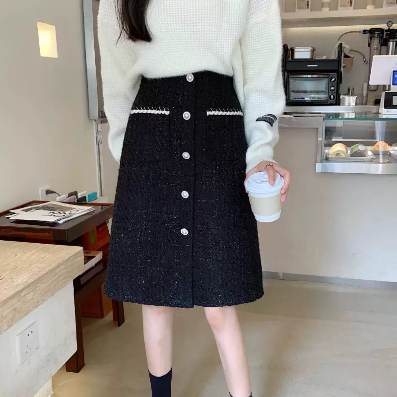 Váy tweed cỡ lớn dành cho nữ, mùa thu đông, váy midi cạp cao ôm hông, tôn dáng, che hông, váy ngắn dáng chữ A dành cho phụ nữ có đường cong.