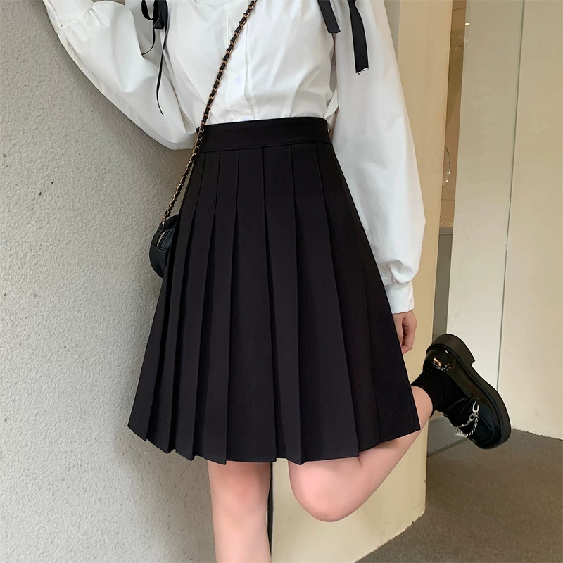 Váy xếp ly cỡ lớn dành cho nữ, dài vừa phải, mùa xuân hè, giảm béo, chống lộ, váy ngắn phồng, phong cách preppy, váy chữ A cạp cao.