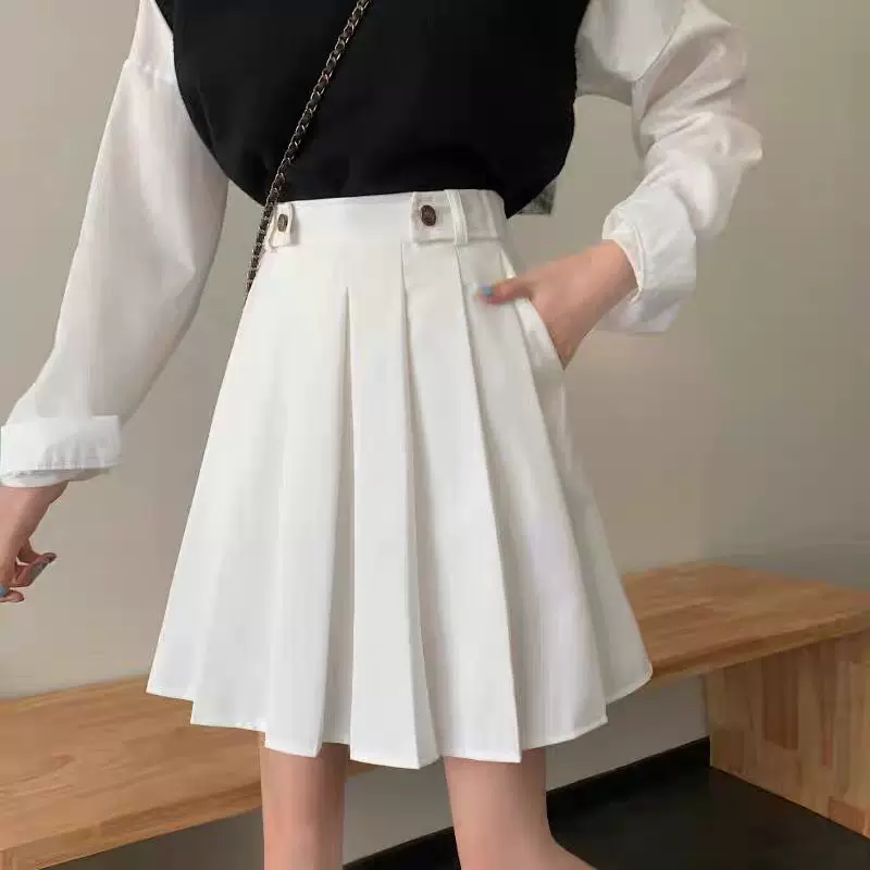 Váy xếp ly dài vừa phải mùa xuân hè 2023 cỡ lớn cạp cao giảm béo phong cách preppy Váy chữ A váy nửa dài váy tutu màu trắng