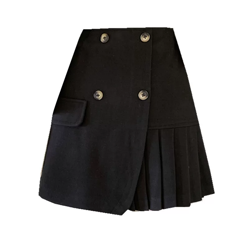 Quần váy xếp ly không đều lưng cao cỡ lớn dành cho nữ, váy ngắn chữ A, phong cách Hàn Quốc mới thu đông 2023, váy len dành cho những cô nàng mũm mĩm.