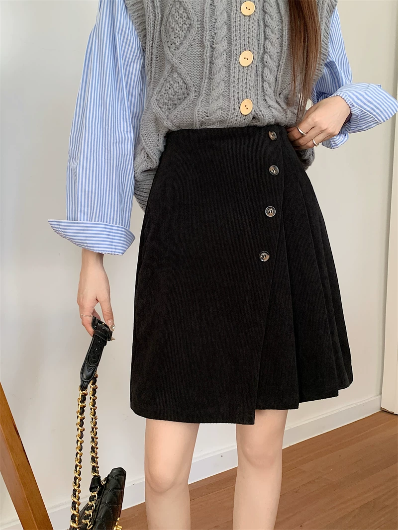 Váy xếp ly bằng vải nhung, dài vừa phải, cỡ lớn, váy ngắn bất đối xứng, váy chữ A che hông mùa thu đông, váy thiết kế dành cho nữ