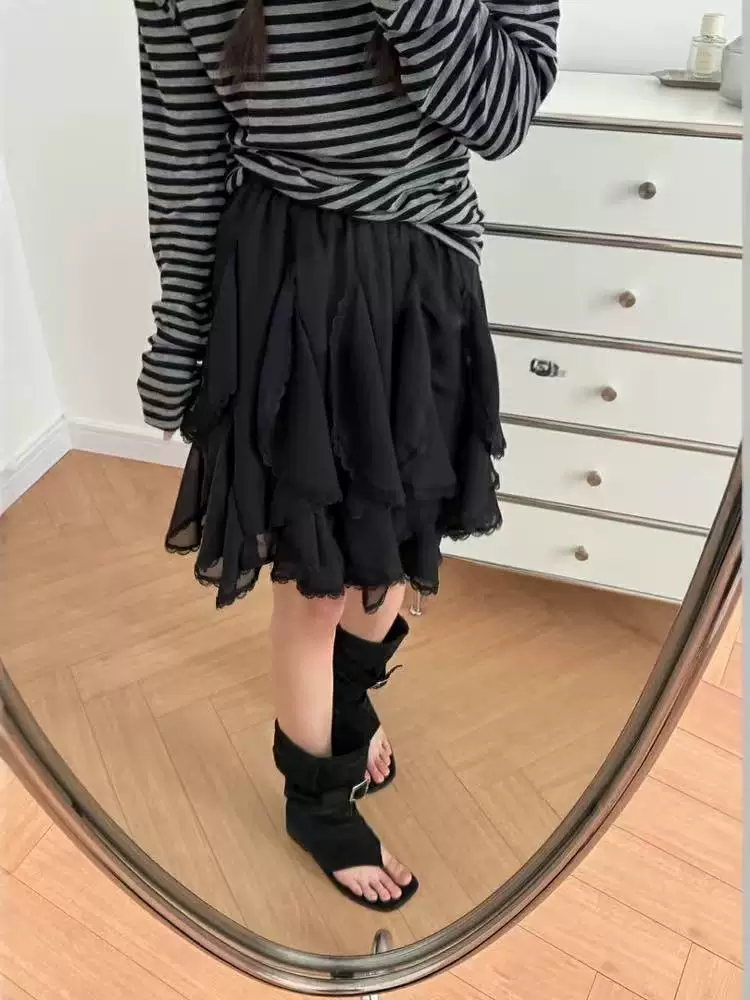 Váy ren viền không đều kiểu Pháp cỡ lớn dành cho nữ, váy chữ A xếp tầng eo cao tôn dáng mùa hè dành cho phụ nữ có đường cong, váy midi che hông.