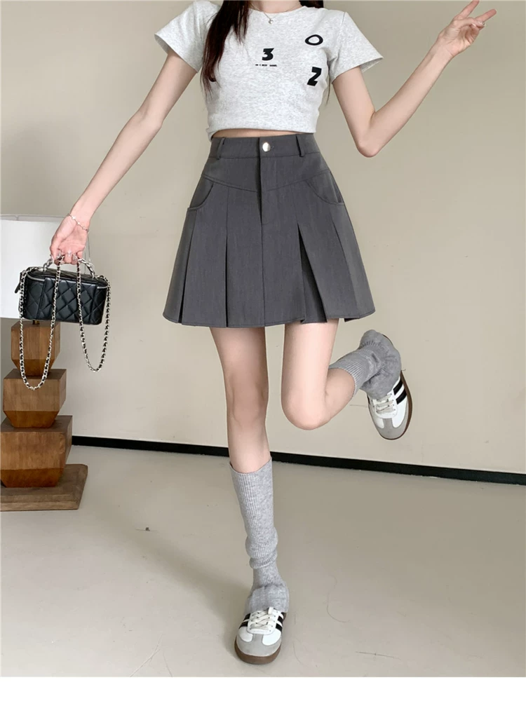 Váy xếp ly màu xám dành cho nữ, váy ngắn cạp cao, dáng ôm, thiết kế độc đáo, phong cách học sinh, kiểu dáng chữ A, size lớn, mùa hè.