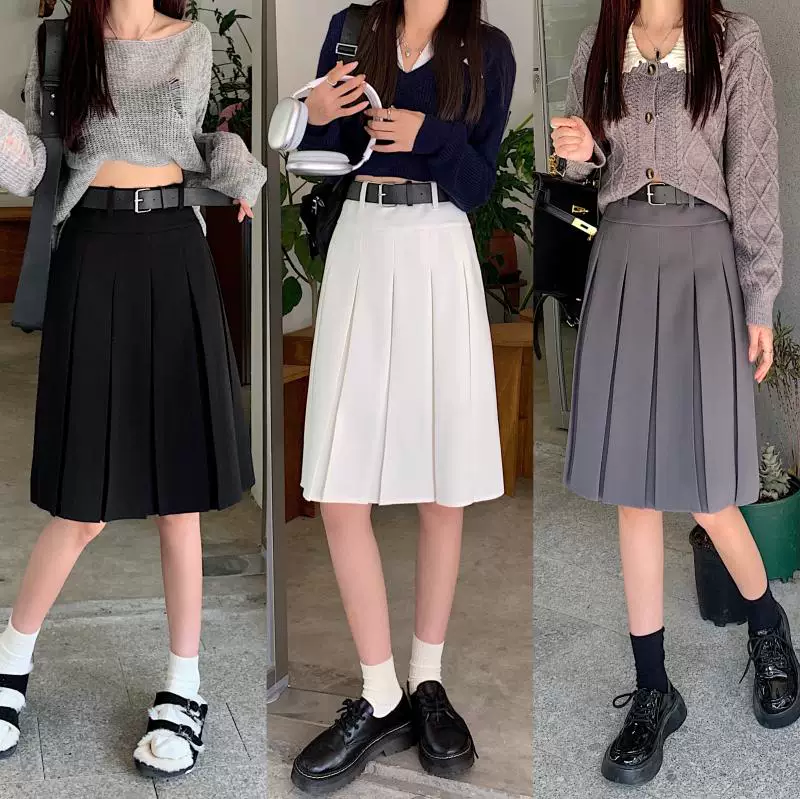 Váy xếp ly màu xám cổ điển kiểu Mỹ, váy phong cách preppy dành cho nữ, thiết kế cỡ lớn mùa xuân hè, váy chữ A dài vừa phải