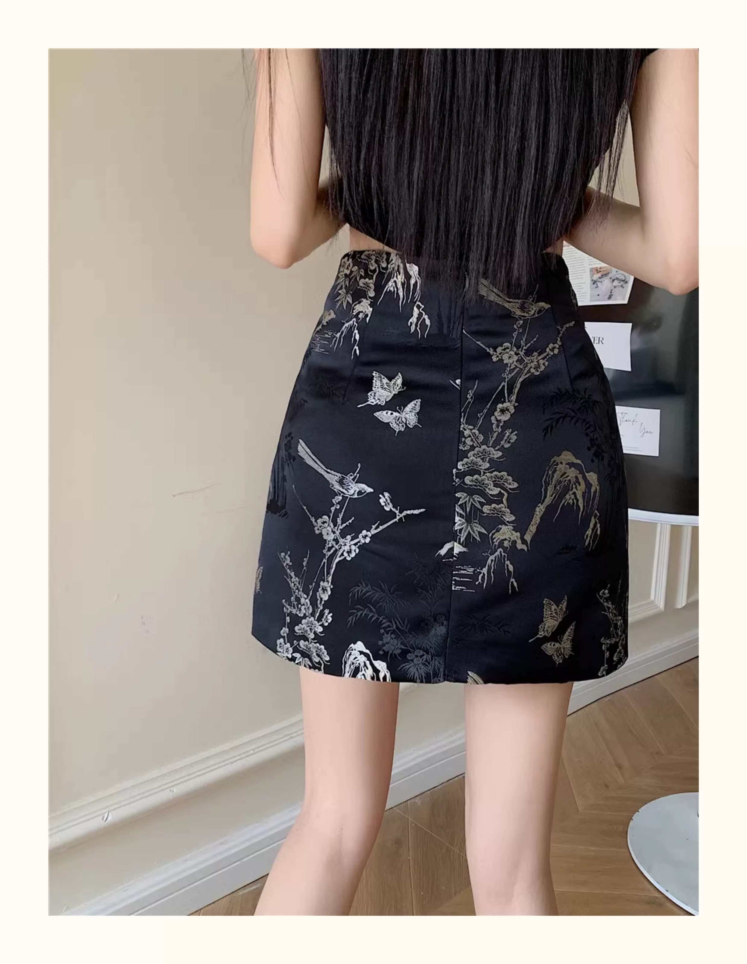 Váy kiểu Trung Quốc mới cỡ lớn dành cho nữ, váy ngắn chữ A thêu lưng cao mùa hè, váy bút chì jacquard, váy đa năng.