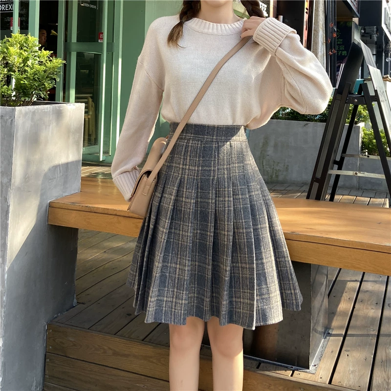 Váy xếp ly kẻ sọc kaki len cho nữ, váy ngắn dáng chữ A cạp cao, size lớn, dành cho người mũm mĩm, mùa thu đông, kiểu váy xòe