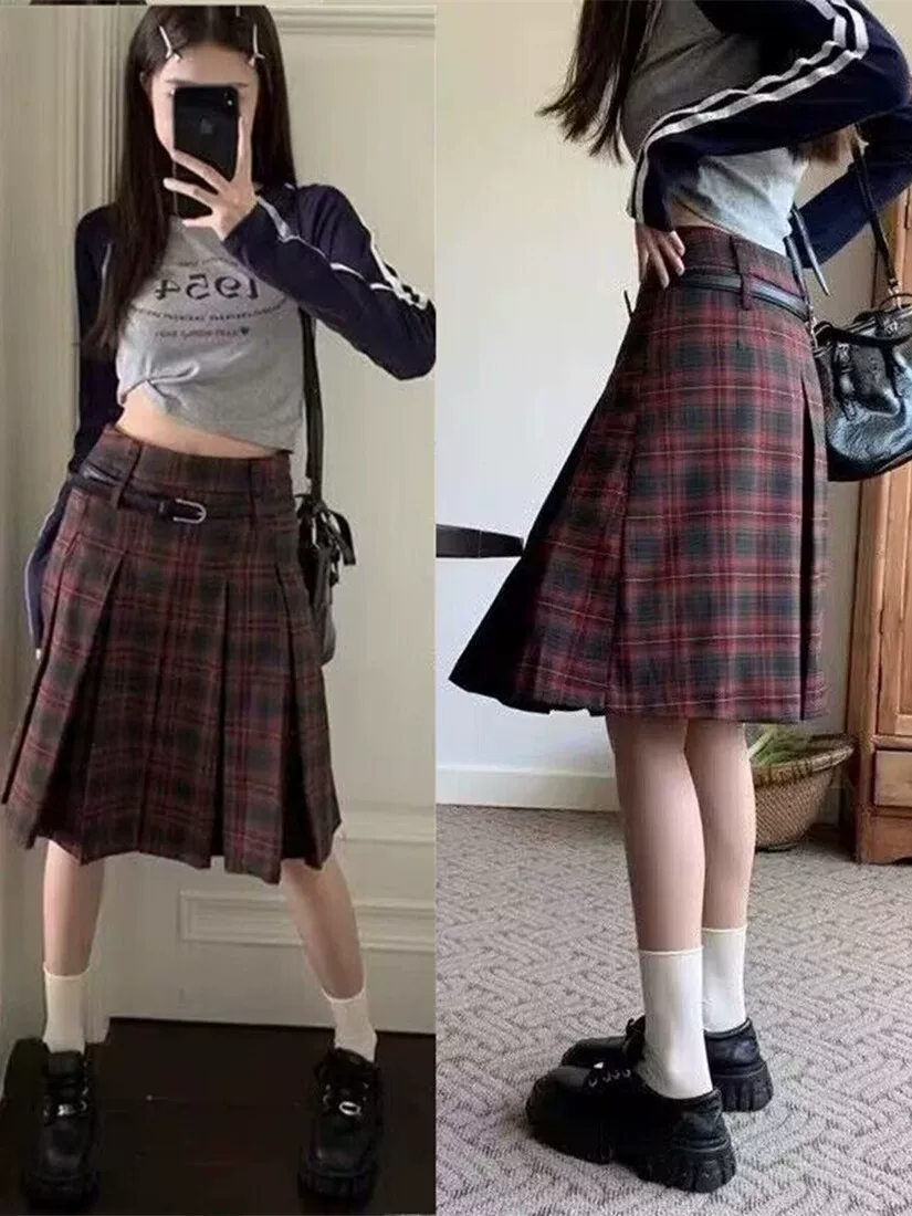 Váy xếp ly kiểu preppy cổ điển Mỹ dành cho nữ, size lớn, mùa xuân hè, váy kẻ đỏ, váy dài trung bình