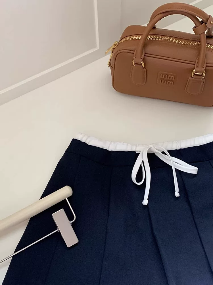 Váy xếp ly màu xanh hải quân dành cho nữ, phong cách Hàn Quốc, cỡ lớn, váy ngắn lưng thun có dây rút, váy chữ A cạp cao, chống lộ.