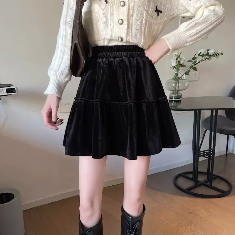 Váy nhung xếp ly, váy bánh bèo thu đông nữ size lớn, váy chữ A cao eo tôn dáng, váy ngắn cho nữ size lớn.