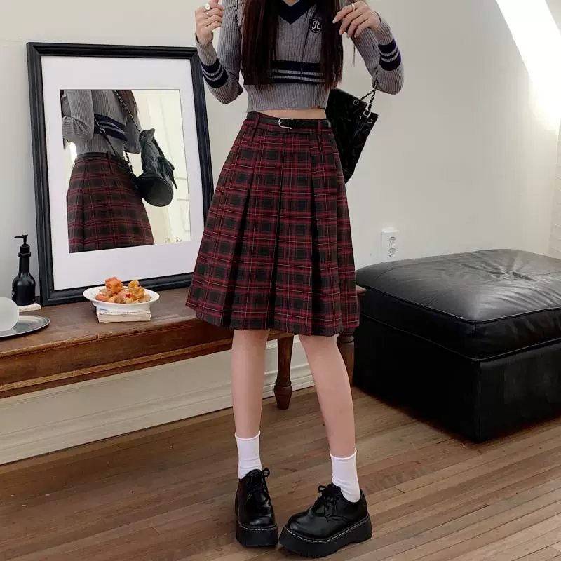 Váy xếp ly dài, dài ngang đùi mùa xuân hè, size lớn, váy kẻ đỏ tôn dáng, váy xòe chữ A lưng cao