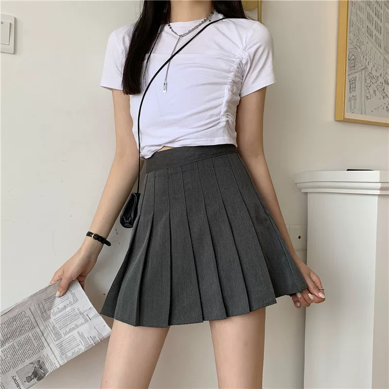 Váy xếp ly màu xám cho nữ, váy chữ A lưng cao màu đen mùa hè, váy JK giảm béo cỡ lớn, váy ngắn kiểu dáng nhỏ nhắn.
