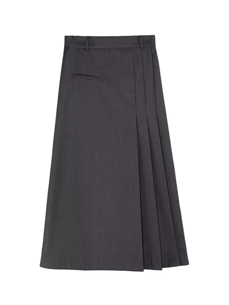 Váy chữ A dáng suông cho nữ, size lớn, thu đông, lưng cao, dài trung bình, màu xám, váy xếp ly dài thời trang