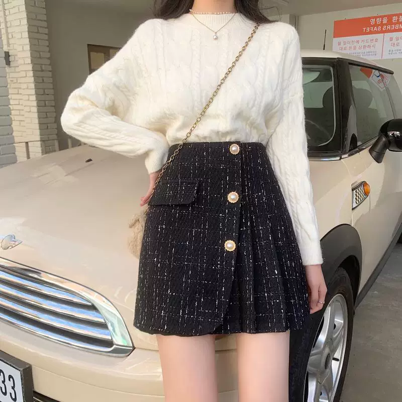 Váy xếp ly bằng vải tweed cỡ lớn dành cho nữ, thiết kế mùa đông, váy ngắn dành cho phụ nữ cỡ lớn, váy bút chì kẻ sọc lưng cao, váy chữ A.