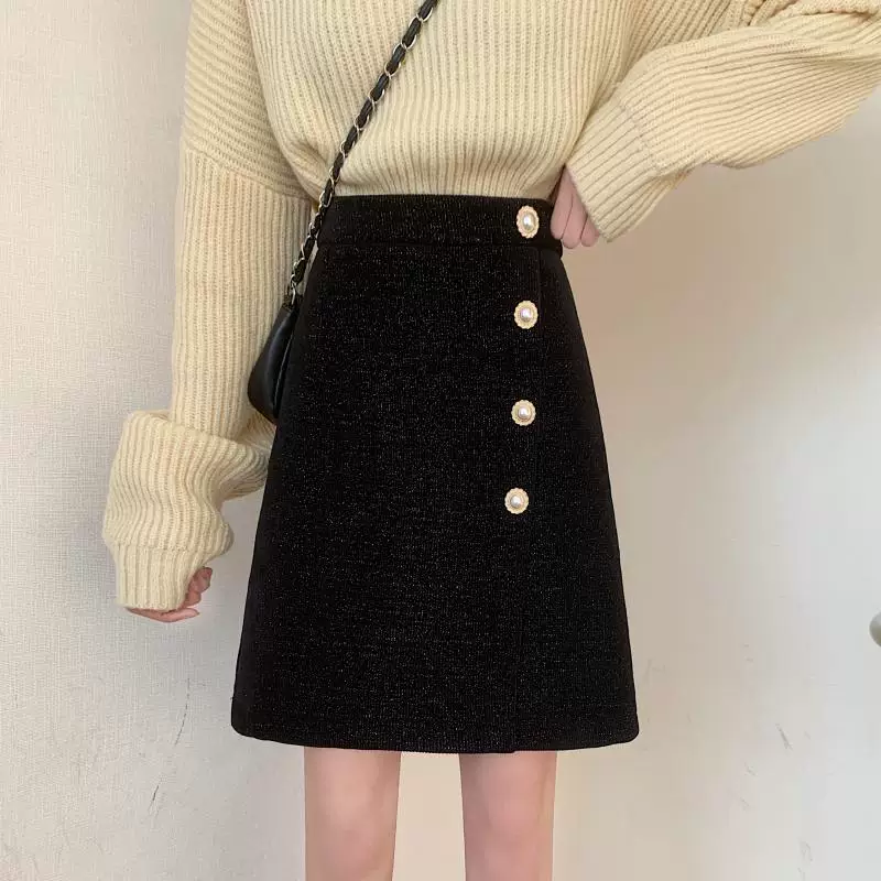 Váy len cạp cao dáng bất đối xứng dành cho nữ, size lớn, che hông, dáng chữ A, ngắn, tôn dáng, dành cho mùa thu đông.