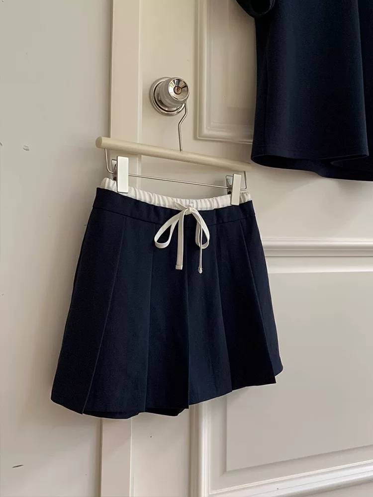 Váy xếp ly màu xanh hải quân dành cho nữ, phong cách Hàn Quốc, cỡ lớn, váy ngắn lưng thun có dây rút, váy chữ A cạp cao, chống lộ.