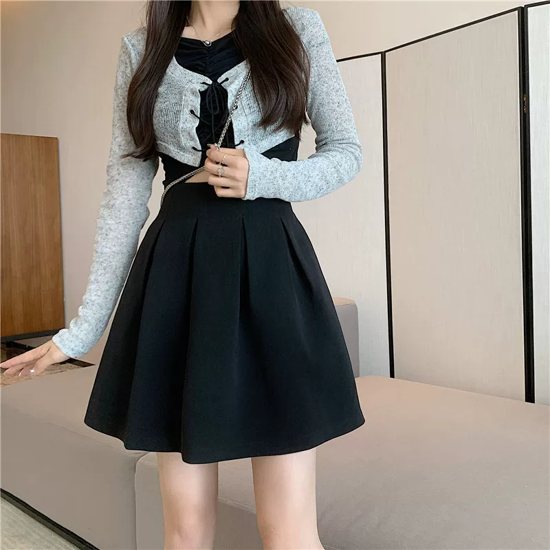 Váy xếp ly cỡ lớn váy tutu màu đen váy ngắn dành cho phụ nữ béo mm váy chữ A eo cao váy ô che hông váy giảm béo