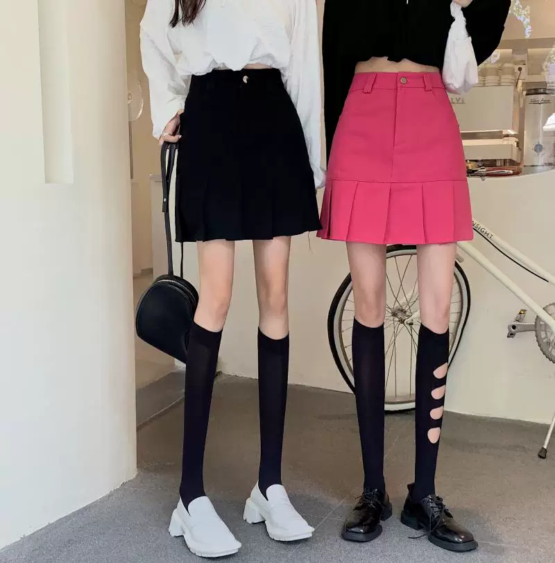 Váy denim xếp ly màu đỏ hồng lưng cao dành cho nữ, phong cách Hàn Quốc mùa thu, cỡ lớn, váy ngắn chữ A tôn dáng, váy ôm sát nửa thân.