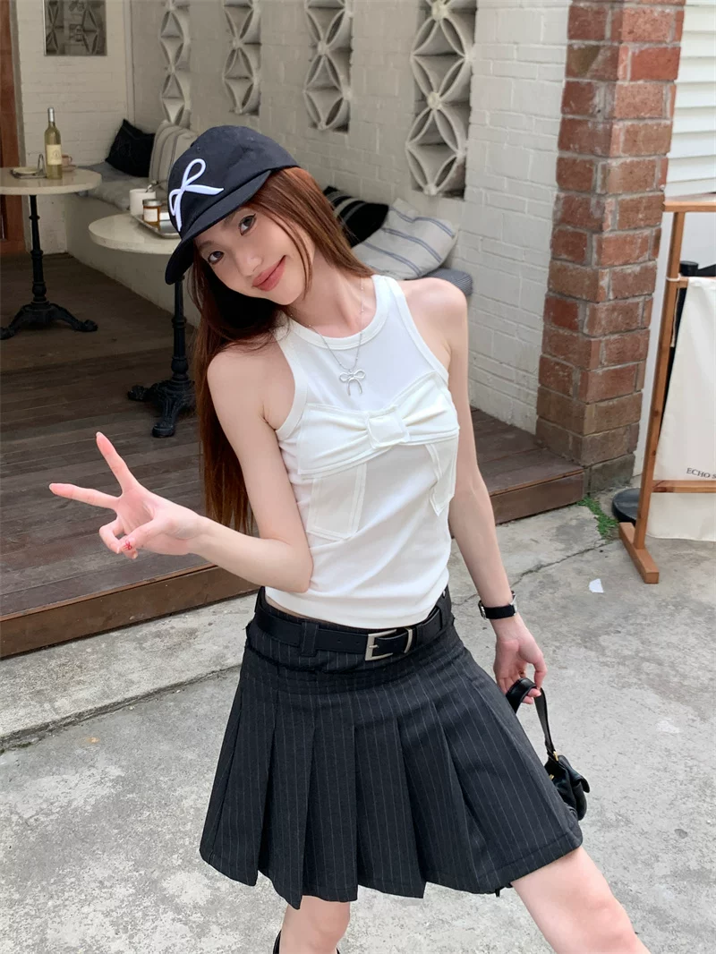 Váy xếp ly sọc xám cỡ lớn dành cho nữ, váy ngắn kiểu học sinh lưng cao mùa hè, váy chữ A chống lộ.