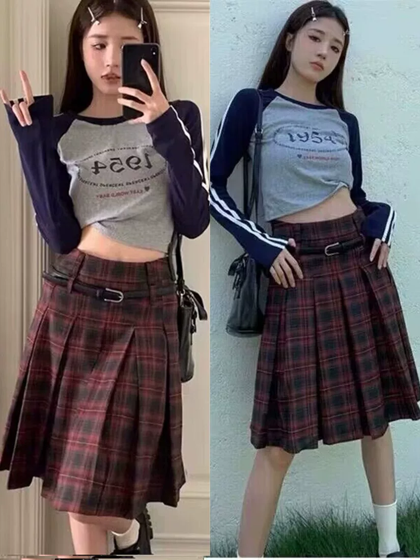 Váy xếp ly kiểu preppy cổ điển Mỹ dành cho nữ, size lớn, mùa xuân hè, váy kẻ đỏ, váy dài trung bình