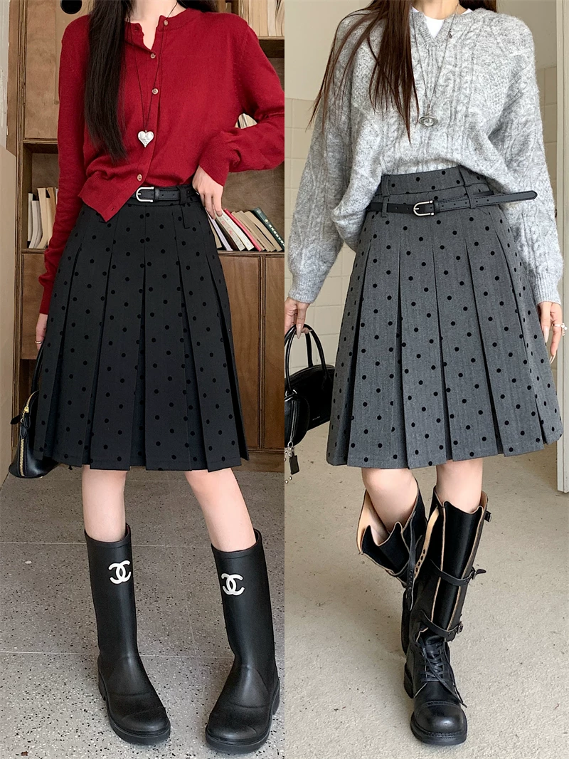 Váy chấm bi màu xám cỡ lớn, váy cạp cao, váy chữ A phong cách preppy dành cho nữ, váy xếp ly dài vừa phải giúp giảm béo mùa xuân hè