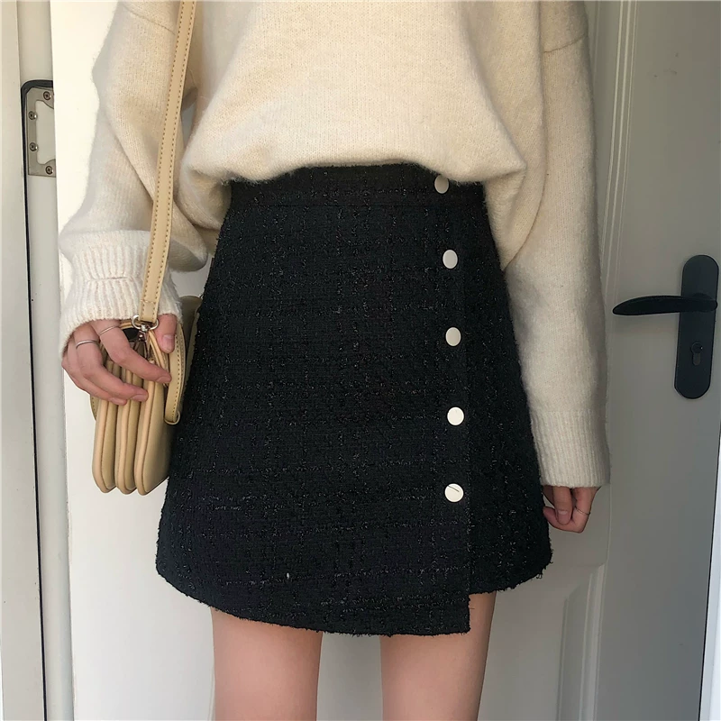 Váy ngắn tweed cỡ lớn dành cho nữ, mùa thu đông, váy chữ A cạp cao tôn dáng, váy nửa thân len dáng bất quy tắc.