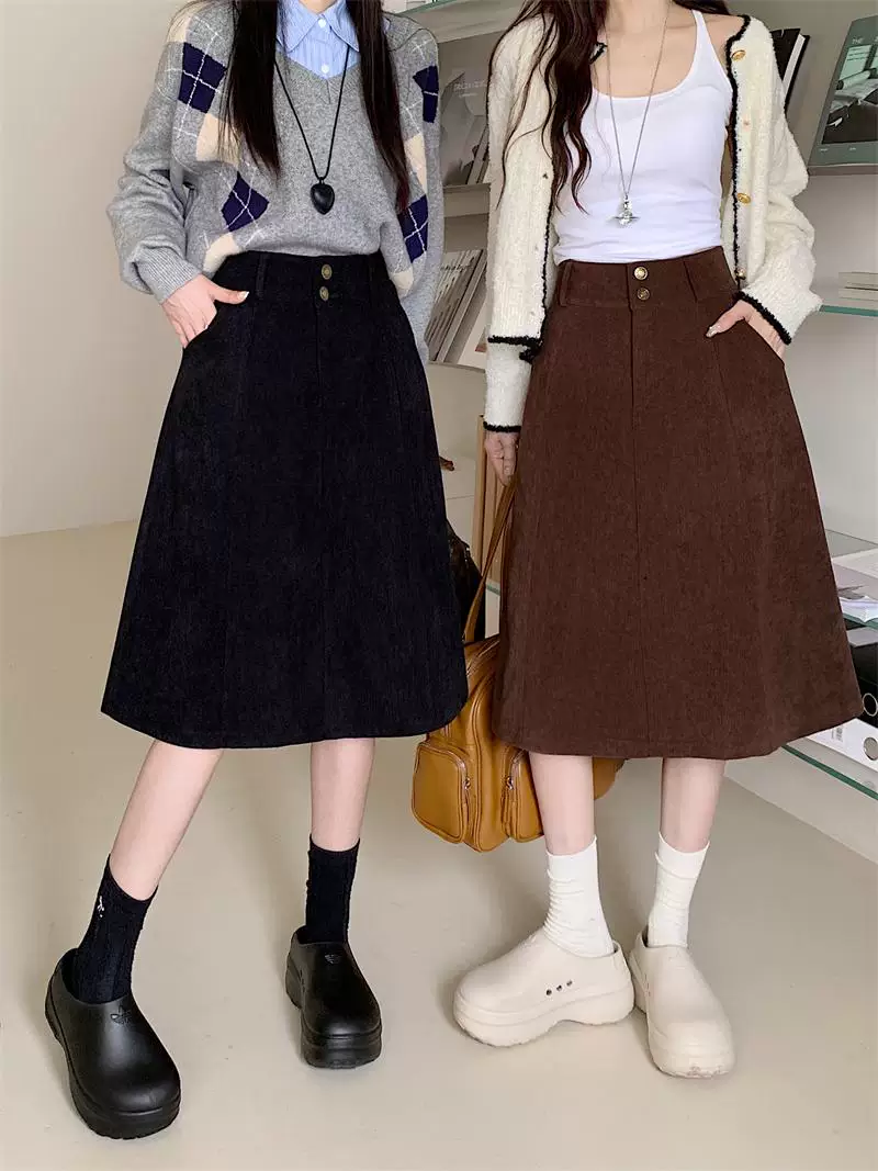 Váy nhung nâu cỡ lớn dành cho nữ, váy midi cạp cao che hông mùa thu đông, váy xòe chữ A tôn dáng.