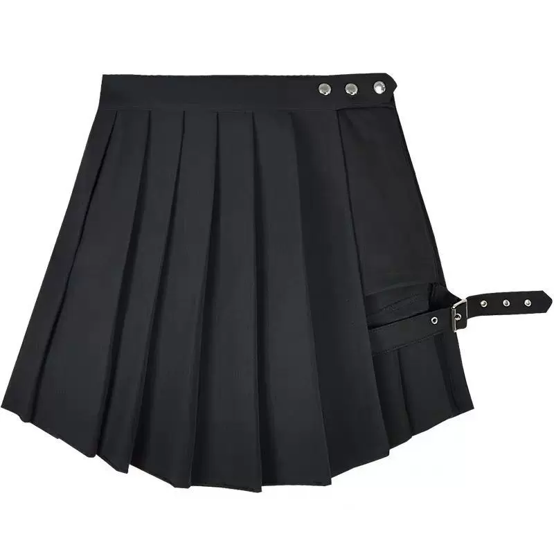 Váy quần xếp ly tối màu phong cách punk mùa xuân hè dành cho nữ, quần váy dáng bất quy tắc cỡ lớn, váy cạp cao tôn dáng dành cho phụ nữ cỡ lớn.