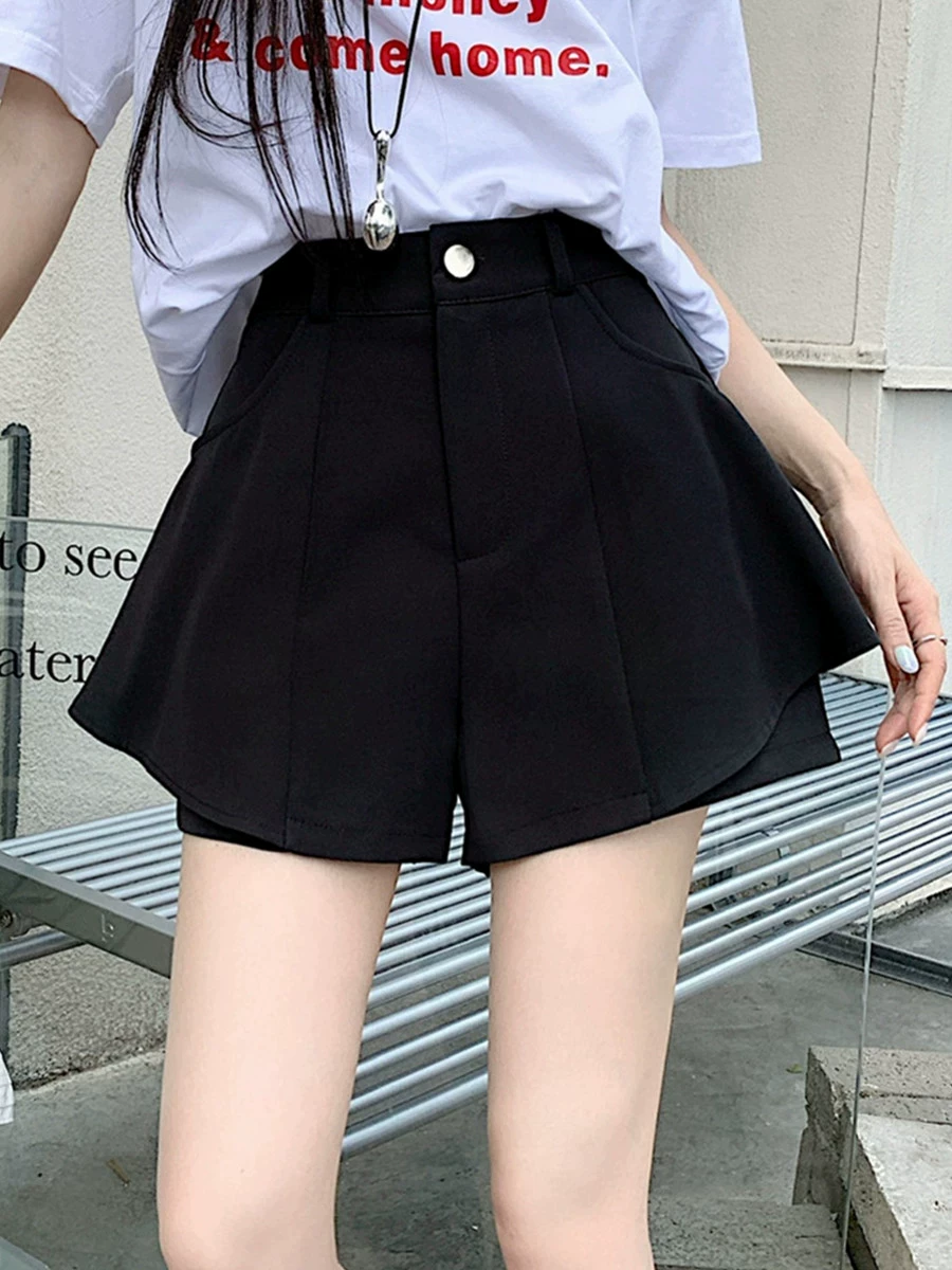 Quần short vest đen cỡ lớn, kiểu dáng mùa hè mới dành cho phụ nữ mũm mĩm, cạp cao, dáng chữ A thon gọn, che bụng, quần ống rộng, quần váy thường ngày.