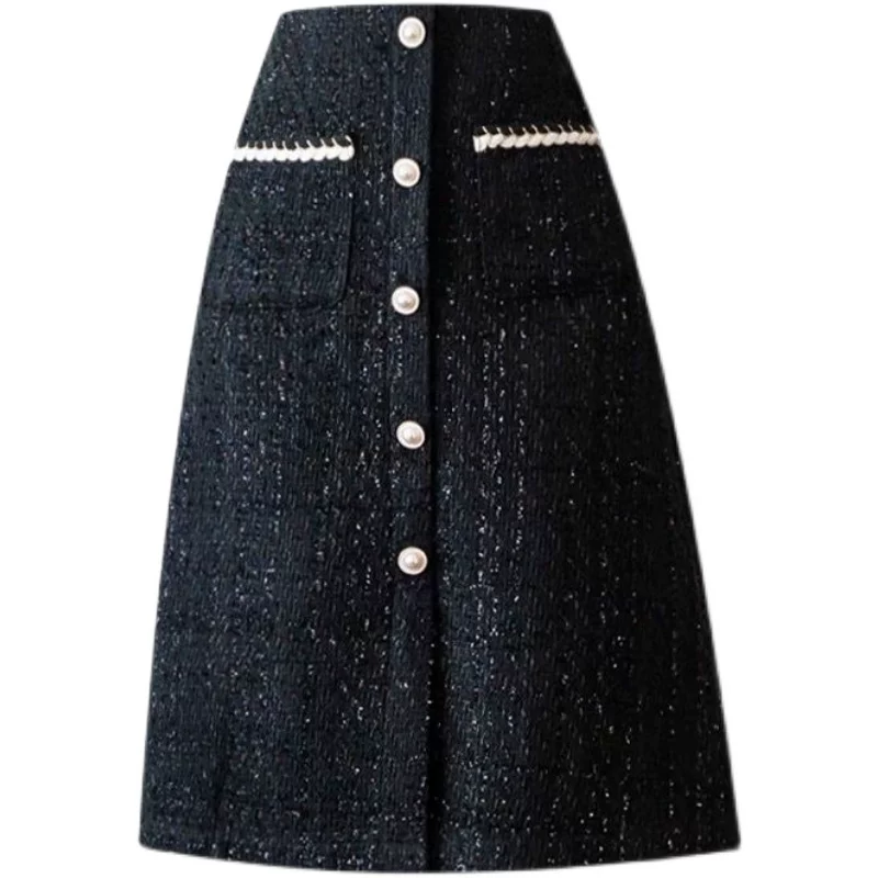 Váy tweed cỡ lớn dành cho nữ, mùa thu đông, váy midi cạp cao ôm hông, tôn dáng, che hông, váy ngắn dáng chữ A dành cho phụ nữ có đường cong.