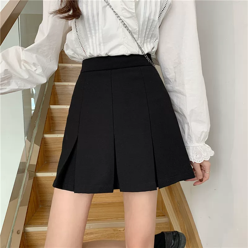 Váy xếp ly màu đen, váy ngắn chữ A kiểu dáng học sinh, màu xám, cạp cao, tôn dáng, size lớn dành cho nữ, mùa xuân hè mới