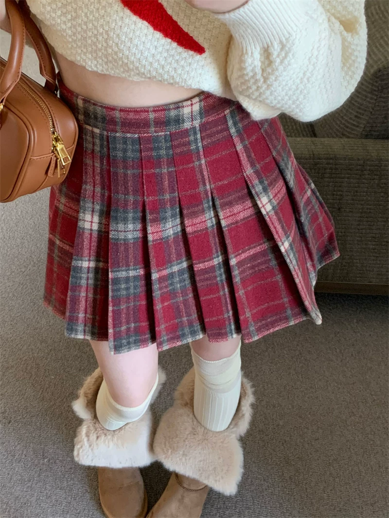 Váy xếp ly kẻ đỏ Giáng sinh phong cách preppy nữ, mùa thu đông, size lớn, eo cao, dáng chữ A, ngắn, nửa thân