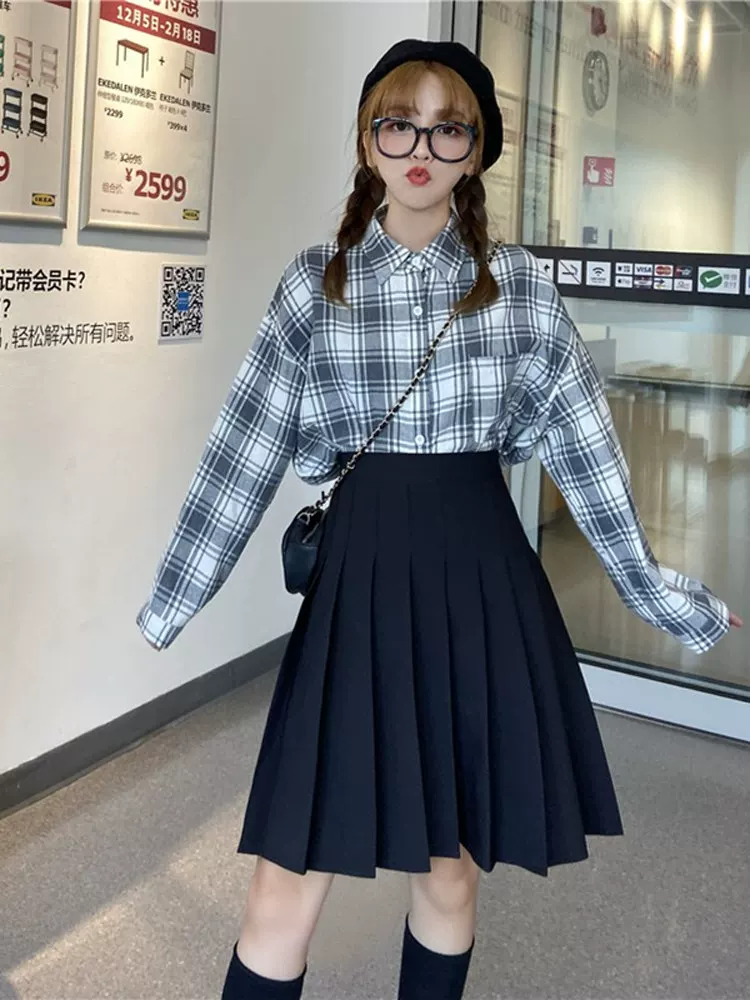 Váy xếp ly cho nữ, mùa thu đông, váy chữ A dài vừa phải, lưng cao, cỡ lớn, giảm béo, học sinh, chống lộ, váy nửa xòe.