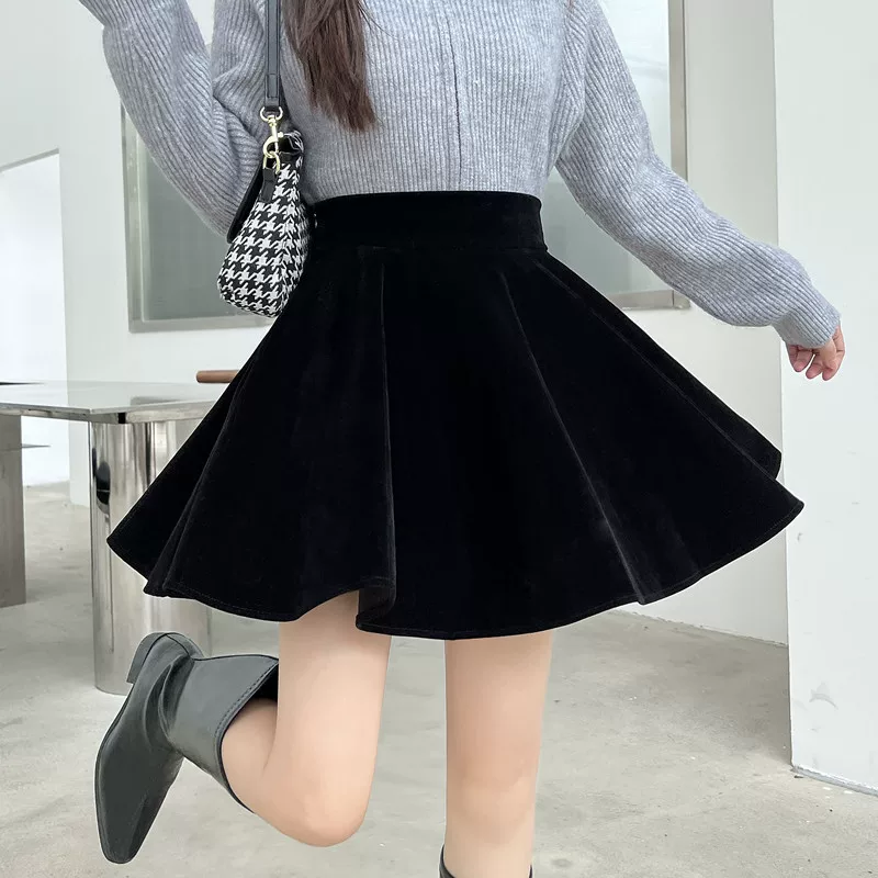 Váy nhún bèo nhung đen cỡ lớn mùa thu đông, kiểu dáng chữ A dành cho phụ nữ ngoại cỡ, cạp cao, tôn dáng, che hông, váy ngắn bồng bềnh dành cho nữ.