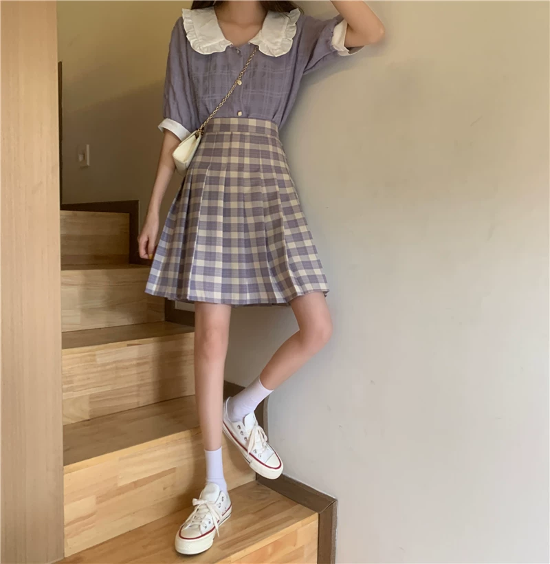 Váy xếp ly kẻ sọc cỡ lớn dành cho nữ, mùa hè, lưng cao, thon gọn, dáng chữ A, dài vừa phải, phong cách preppy, váy nửa dài, váy kiểu BM.