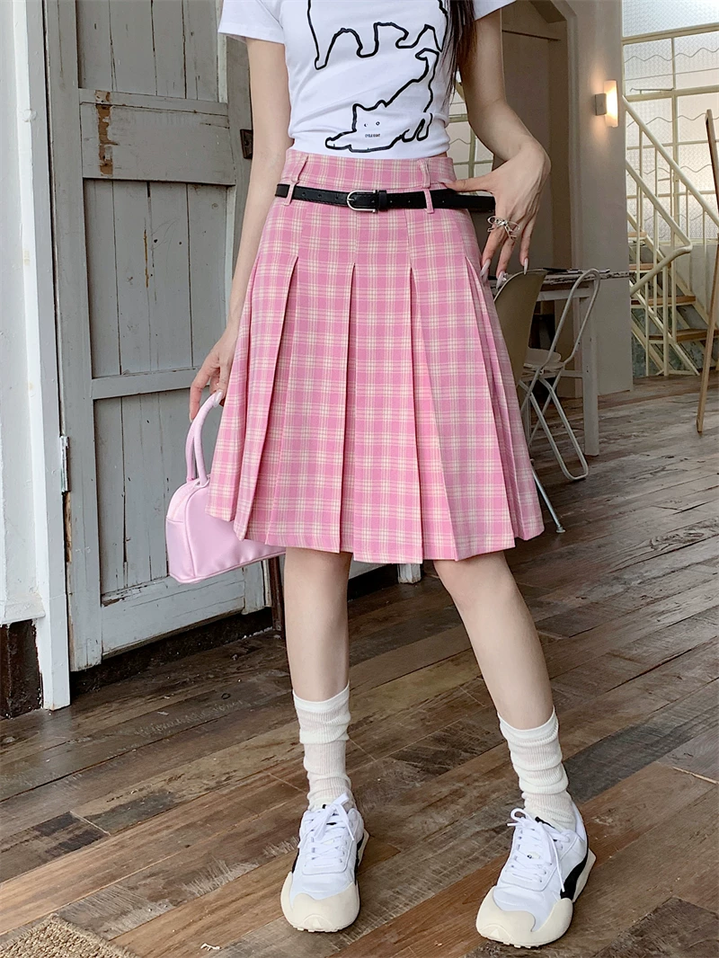 Váy kẻ sọc hồng, size lớn, váy xếp ly dài vừa phải, váy chữ A họa tiết phong cách preppy Mỹ, váy ngắn cạp cao tôn dáng