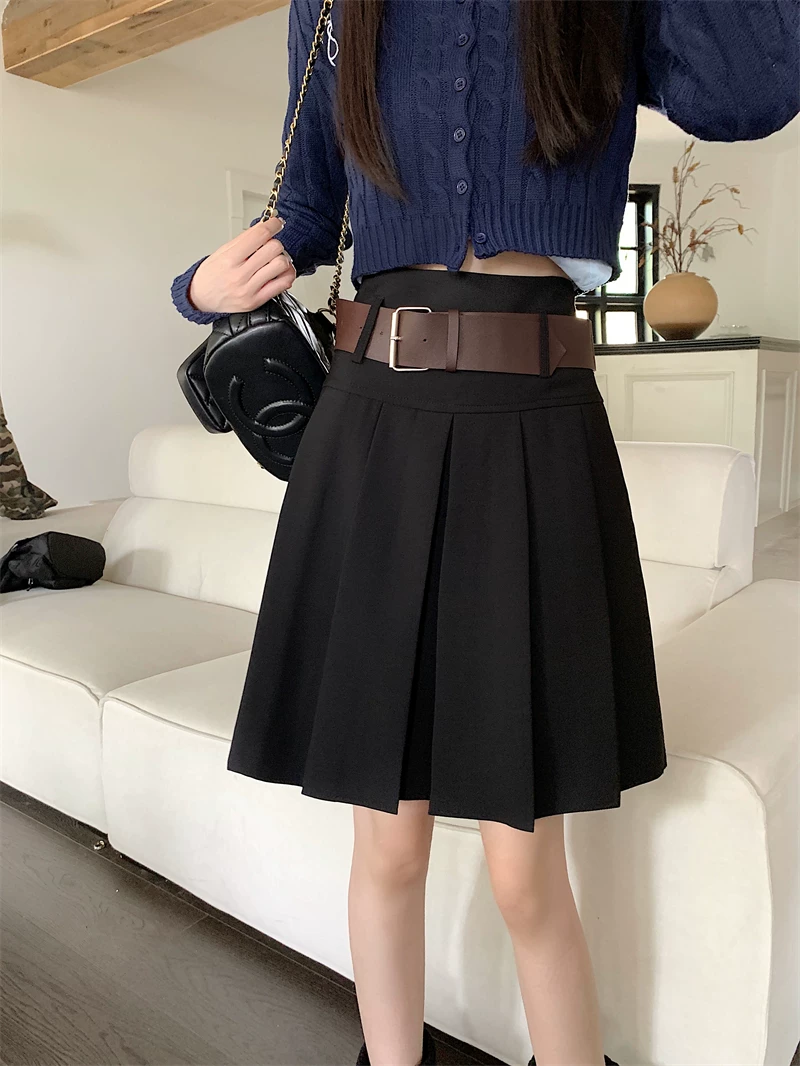 Váy xếp ly màu xám dành cho nữ, mùa thu đông, phong cách preppy, dáng chữ A, dài vừa phải, lưng cao, thiết kế độc đáo, váy nửa thân, váy dù.