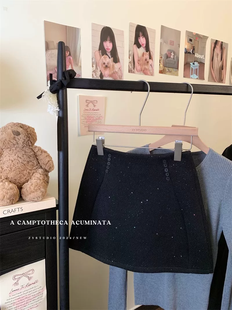 Váy len dày bóng cho nữ, mùa thu đông, váy ôm sát đính sequin cạp cao, váy ngắn chữ A chống lộ.