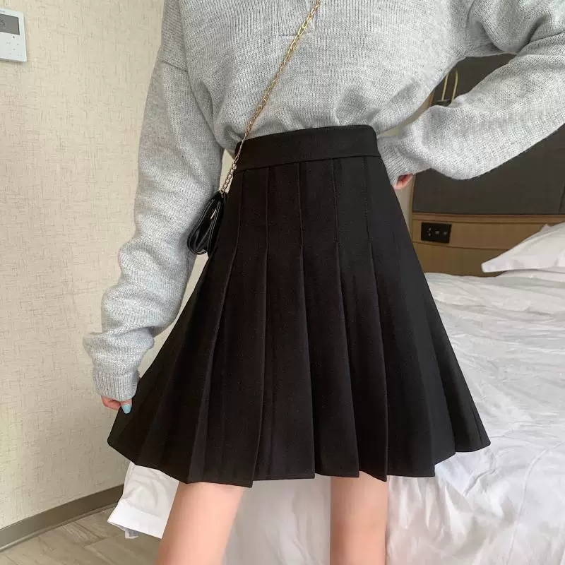 Váy len xếp ly màu đen cỡ lớn, dài vừa phải, mùa thu đông 2021 dành cho nữ, váy lưng cao dành cho phụ nữ mũm mĩm, váy chữ A thon gọn.