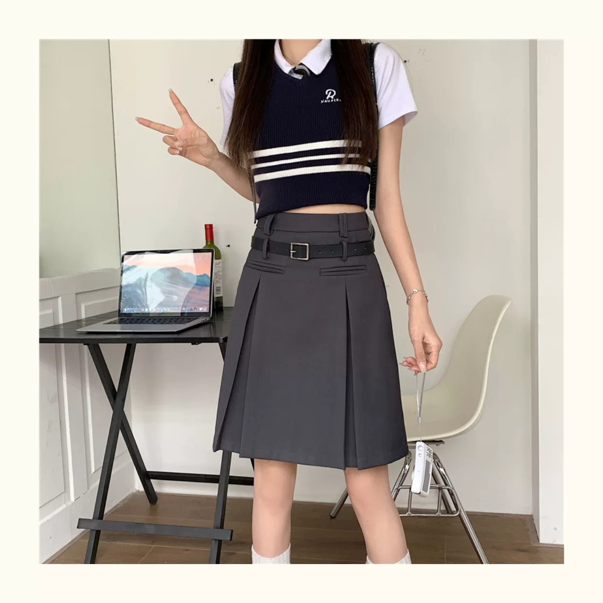 Váy xếp ly màu xám dành cho nữ, dài vừa phải, mùa hè, lưng cao, váy chữ A thon gọn, cỡ lớn, che tay và bụng, váy midi, quần váy.