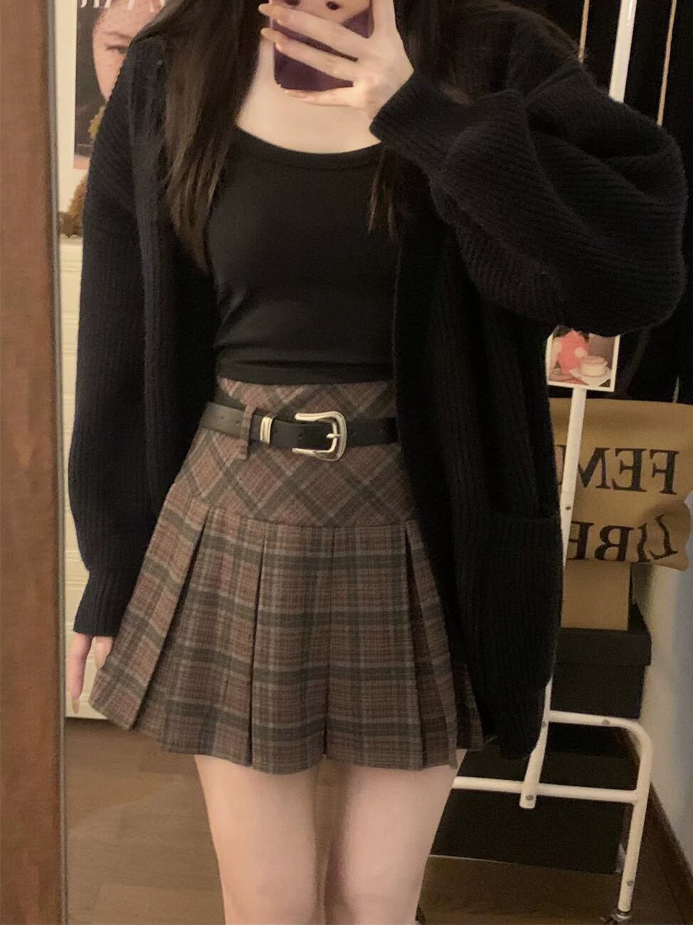 Váy kẻ sọc len cỡ lớn dành cho nữ, thiết kế thu đông, váy chữ A ôm hông, váy xếp ly chống lộ dành cho phụ nữ cỡ lớn, váy ngắn.