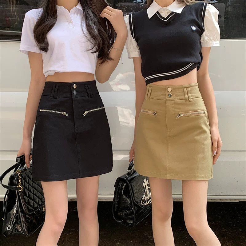 Váy đen lưng cao, size lớn, phong cách Hàn Quốc, giản dị, váy ngắn ôm sát, xuân hè, váy denim chữ A cao cấp, đa năng