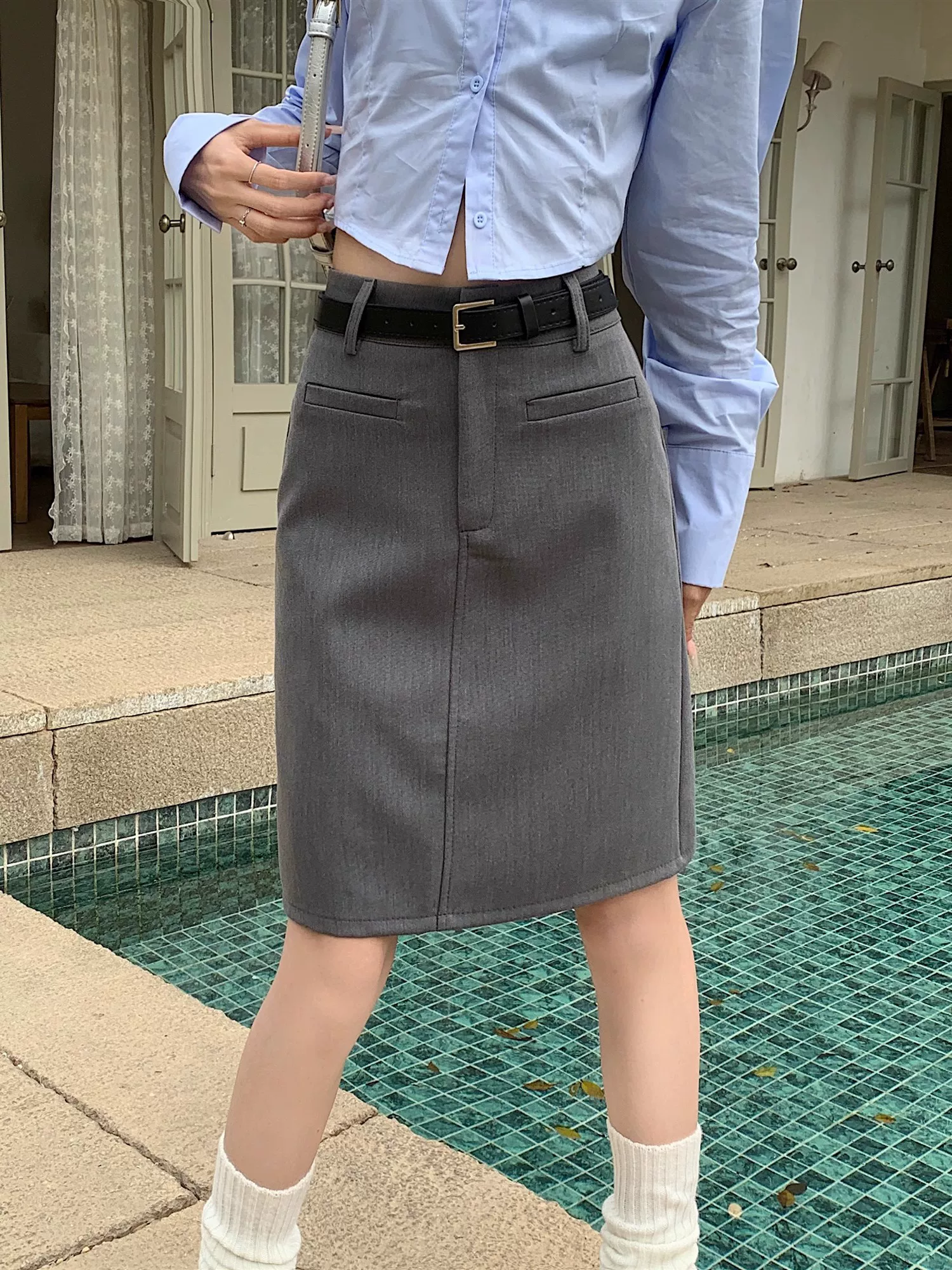 Váy chữ A màu xám dành cho nữ, cỡ lớn mùa hè, cạp cao, che bụng, váy dài vừa phải cho người có thân hình quả lê, váy ngắn nhỏ nhắn.